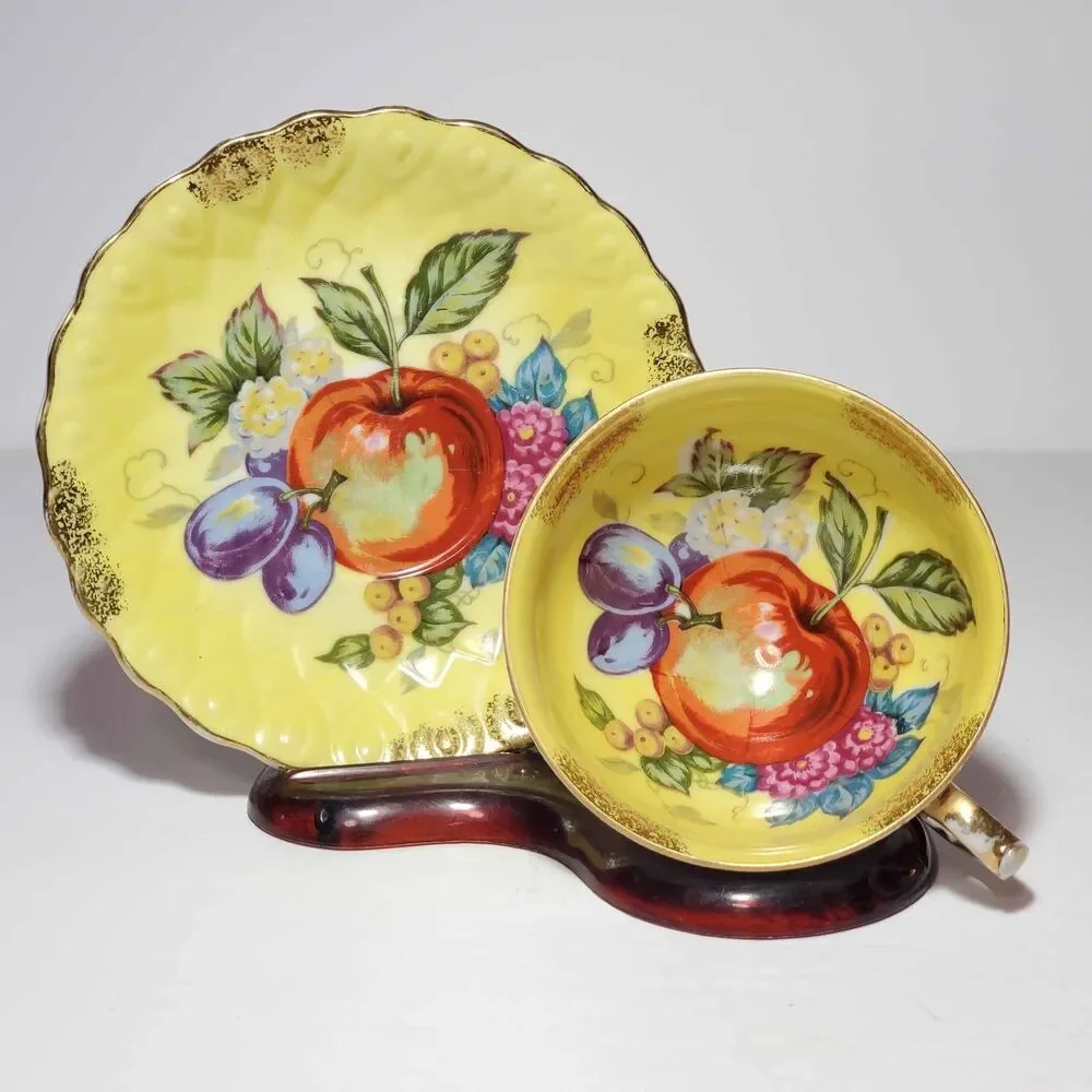 Vintage Teacup and Saucer Yellow Fruit Vintage